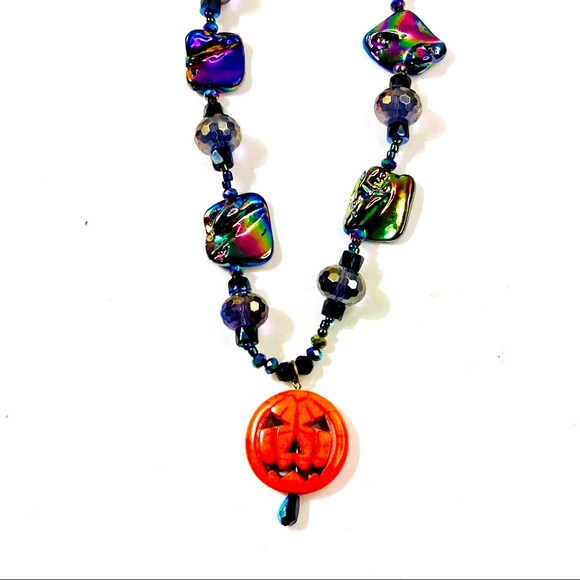 Glamorous Artisan Iridescent and Purple Halloween Pumpkin Necklace - Picture 2 of 8